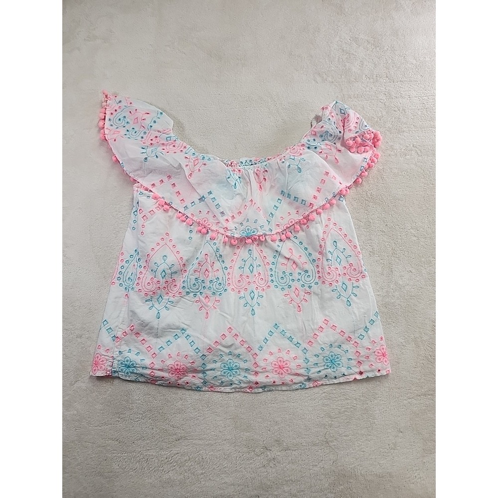Crown & Ivy Summer Top White, Pink And Teal With Pink Pompoms